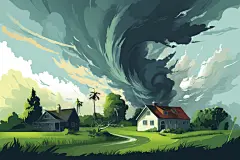 扁平风被破坏的房屋自然灾害龙卷风插画