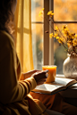 秋天窗边女生秋季文艺喝茶下午茶氛围摄影图