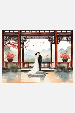 AI数字艺术中式婚礼背景水彩插画-众图网