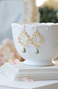 Gold laurel wreath Sage Green Teardrop Pearl Earrings Sage Green Wedding chandelier Earrings Bridal Earrings Bridal Party Bridesmaid Gift