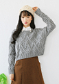 【蜜思丹】冬装新款韩版圆领麻花菱形格套头毛衣长袖 短款毛衣女