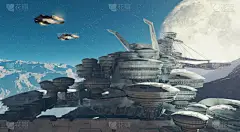 两个飞机在一个未来派城市上空飞行的科幻片场景。空间站在一个星球上的夜晚。这是一个3D渲染说明 . 