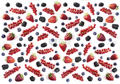 在白色背景上混合浆果和水果。成熟的蓝莓、黑莓、草莓和红加仑子。前视图。黑蓝色和红色的食物。背景的浆果