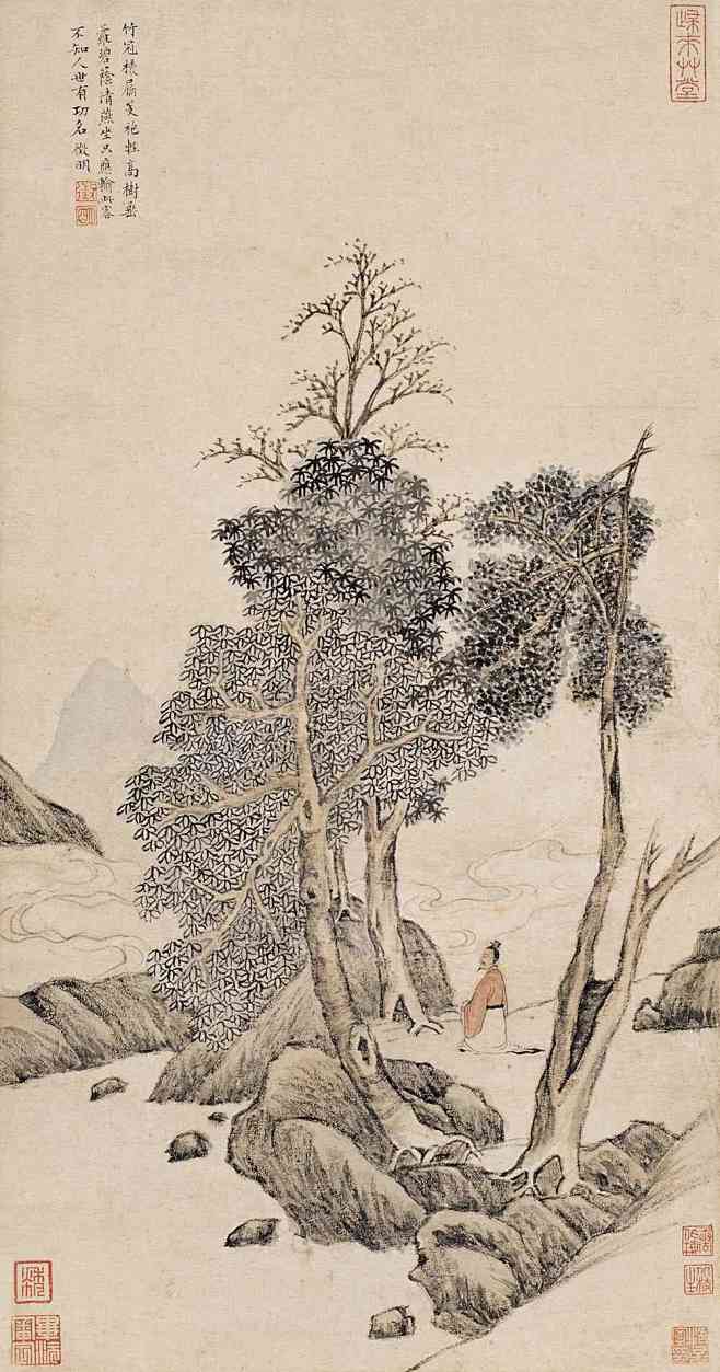 竹冠梭履芰袍轻，高树垂萝碧阴清。燕坐只应...