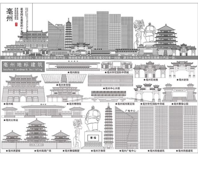 亳州地标建筑矢量剪影毫州建筑线稿线描插画安徽毫州会展背景素材-花瓣网