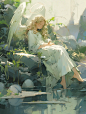 An angel wakes up in the water, in the style of David Hettinger, white and green, Dmitry Kustanovich, vibrant statues, exquisite animalism, realistic details, official art --ar 58:77 基础模式 一位天使在水中醒来，以大卫·赫廷格、白色和绿色、德米特里·库斯塔诺维奇的风格，充满活力的雕像，精致的动物主义，现实主义的细节，官方艺术