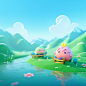 the background is water, green mountains in simple shapes, few clouds and blue sky, cartoon 3d style, environment map, Blender renderer, volumetric lighting，8k no text on the screen ， in the style of kawaii art, ray tracing, gu hongzhong,group material, o