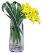 Yellow Callas and varigated flax make this a unique table arrangement.  Love the river rocks. By Flower Factor: 