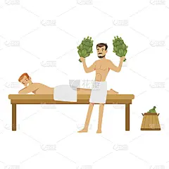 微笑的男人戴着毛巾按摩另一个男人用桦树扫帚在桑拿蒸汽房彩色矢量插图
