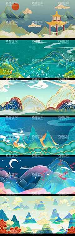 中国风烫金山水装饰画背景  - 源文件下载【酷图网】中国风,烫金,山水,装饰画,背景,特种纸,彩云,亭子