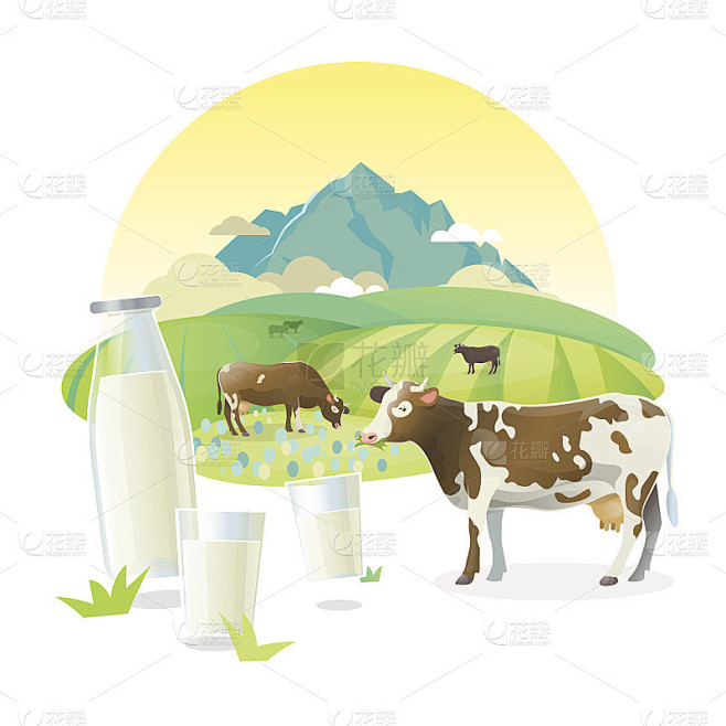 矢量牛奶标签插图与奶牛放牧在高山草甸，在...