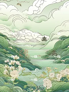 中国传统图案背景，雨季大雨燕子飞舞远方山水海报