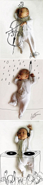 一位家长趁宝宝睡着的时候拍下了她傲娇的睡姿，然后加上几笔可爱的涂鸦，让小baby变成了DJ、小提琴家和小模特！萌死了有木有！ http://www.zboor.com/