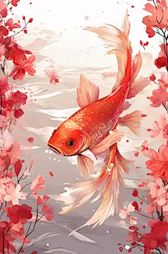 AI数字艺术中国风国潮红色锦鲤插画-众图网