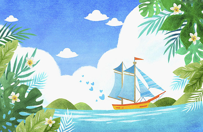 手绘夏日大海帆船平面广告背景图片素材