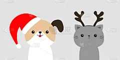 可爱的猫狗脸戴着红色的圣诞老人帽，鹿角。圣诞快乐。滑稽可爱的小动物套装。可爱的卡通人物。小狗和小猫。