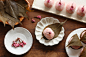 sakura mochi : domyoji flour, sweet bean jam (tsubuan), sugar, salt, natural food dye, salt pickled cherry leaves, salt pickled cherry blossoms   en.wikipedia.org/wiki/Sakuramochi