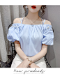 雪纺衫女夏季2021新款气质时尚一字肩露肩遮肚宽松灯笼短袖上衣女-tmall.com天猫