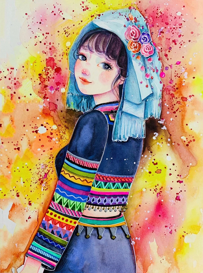 白小海水彩手绘云南少数民族少女作品欣赏