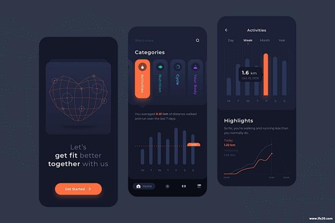 暗黑模式的人体健康数据监控APP UI ...