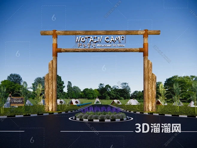现代大门SU模型 现代景区森林公园露营基地入口logo大门 美丽乡村木质生态大门构筑 导视标识