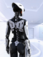 一个背部对着相机的女性机器人的3D渲染。