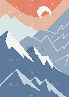 摘要山地景观背景。简单的现代矢量插图与手绘山，天空，月亮。时尚的现代设计。墙艺术装饰。