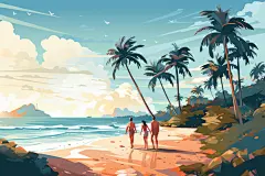 扁平风夏季海边旅行人物插画