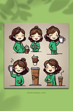 数字艺术喝咖啡人物手账贴纸表情包图片-众图网