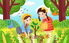 世界森林日春分春天春彩色卡通手绘春天植树节人物风景原创插画海报植树节植树环保