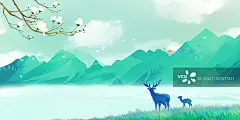 春天玉兰花麋鹿梦幻童话故事露营风景背景插画图片素材