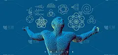 想法或创新概念。人类科学家思考。反思未来。数字技术背景。体素的艺术。3 d矢量插图。