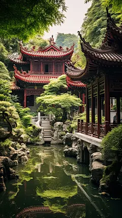 蓝天白云古风建筑3d古风建筑植物树木