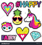 Set of cute stickers with hearts,pineapple, owl, unicorn, diamond and hashtags elements HAPPY, FAIRI. Girlish stickers in bright colors isolated on white background. Fashion patch in cartoon style.