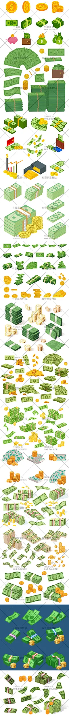 手绘堆叠漂浮纸钱纸币美元金币美金金融投资插画AI矢量设计素材-淘宝网