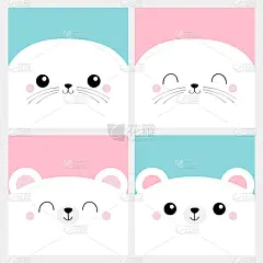 熊，竖琴海豹的幼崽。白色海狮头脸方形图标集。宠物宝宝印刷笔记本封面，贺卡。可爱的卡通卡哇伊有趣的角色