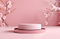 pink podium and cherry blossom background for product presentation. 3d rendering illustration. pink, background, platform, cosmetic, minimal, product, display, modern, cylinder, floor, blossom, studio, template, floral, render