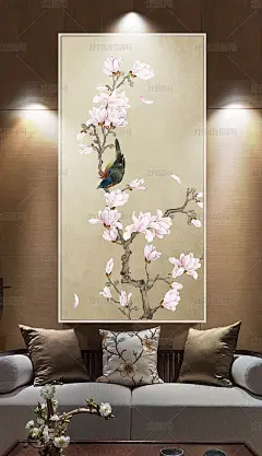 简约新中式玉兰花工笔花鸟玄关背景墙装饰画