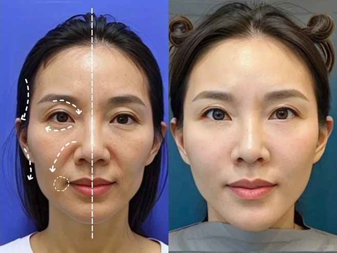 变美前： 眼周细纹 眼窝凹陷 苹果肌下垂 鼻基底凹陷 法令纹加深 导致整体面部轮廓不流畅#深圳彭静 针对以上问题，进行改善 变美后： 面部轮廓 ...