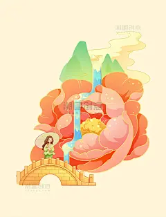 国潮中国风谷雨二十四节气插画元素