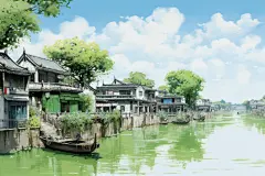水墨江南风景插画绘画
