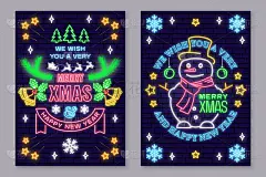 霓虹灯风格的圣诞快乐和2022年新年海报。收集霓虹灯招牌，设计模板，小册子，发光的海报。圣诞节、圣诞