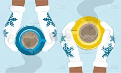 手拿着用针织冬季手套做的咖啡。两个朋友喝咖啡，卡布奇诺的冬天温暖的图片.