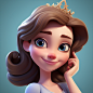 princess cartoon, portrait image, pixar style art quality, 4k resolution, 3d painted art, grey background, a princess with a crown, smiling happily, cute face