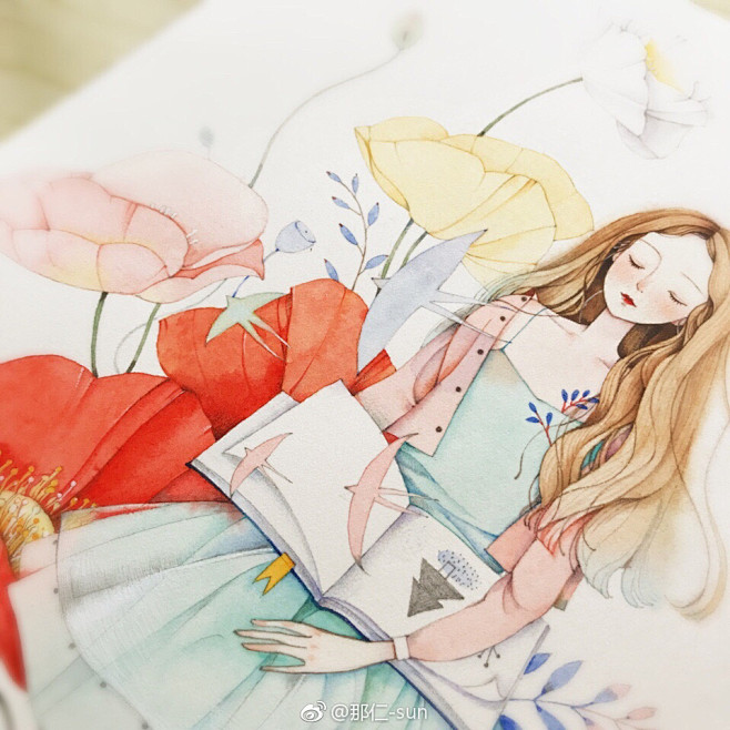 水彩画手绘插画女孩作者微博by那仁sun少女心