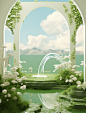 an arch is shown under a green tree with white daisies, in the style of surrealist dreamlike scenes, water and land fusion, rendered in cinema4d, mist, ricardo bofill, cute and dreamy, green