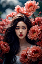 readreadread82-3857871757-1girl, solo, flower, long hair, black hair, looking at viewer, parted lips, cloud, upper body, red lips, lips, pink flower, brow