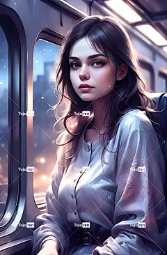 Ai产生的 女孩 火车 铁路 车皮 视窗 晚上 夜晚 灯光