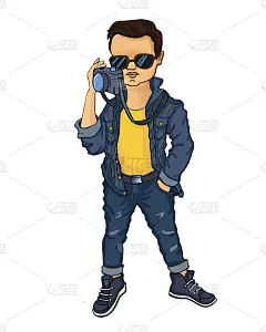 穿着时尚衣服的时髦男孩。儿童时尚矢量插图。手绘男性模型。一个带着照相机的可爱小男孩的素描。
