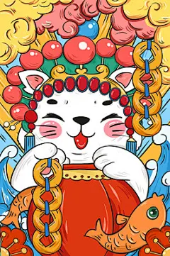 手绘国潮风招财猫京剧猫插画海报素材